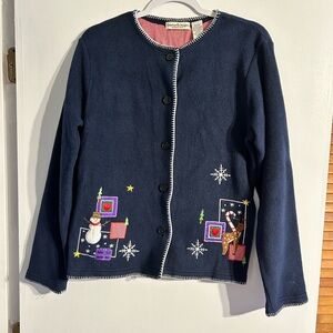 Navy Fleece Cardigan with Holiday Embroidery